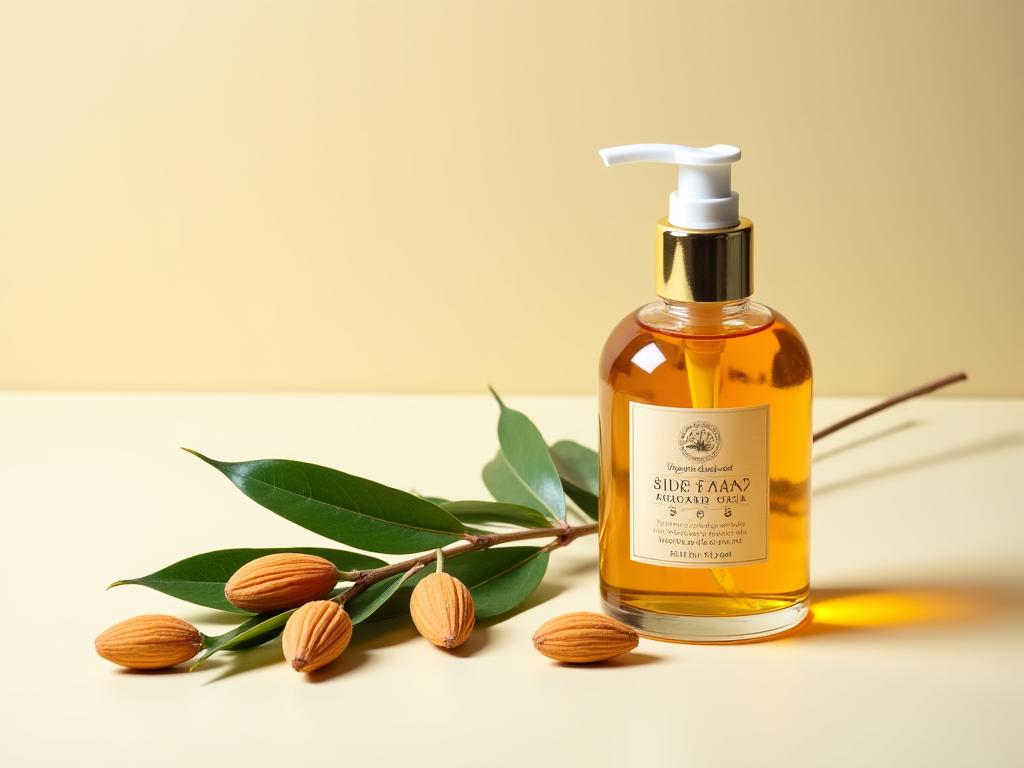 Botella de aceite corporal de almendras con una rama de almendro.