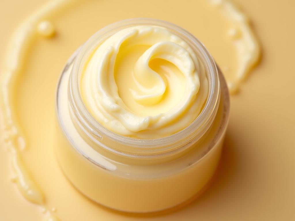 Tarro de crema de manos de karité con una textura rica y densa.