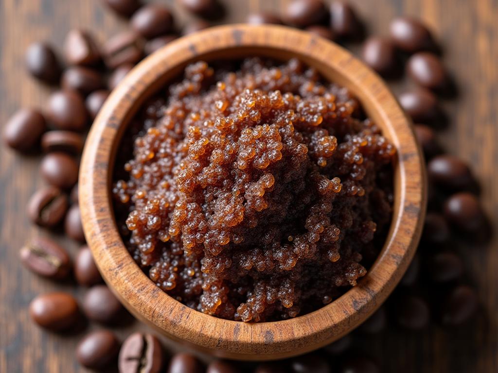 Exfoliante de café y azúcar en un bol de madera.