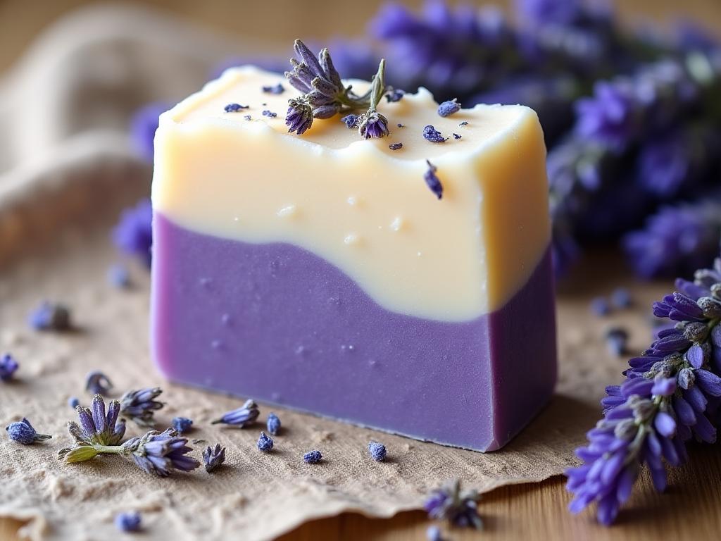 Barra de jabón artesanal de lavanda con flores secas incrustadas.