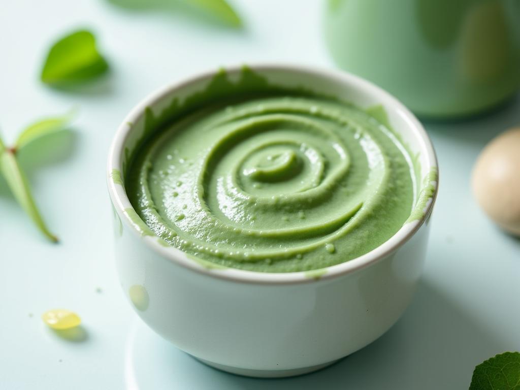 Mascarilla de arcilla verde preparada en un cuenco de cerámica.