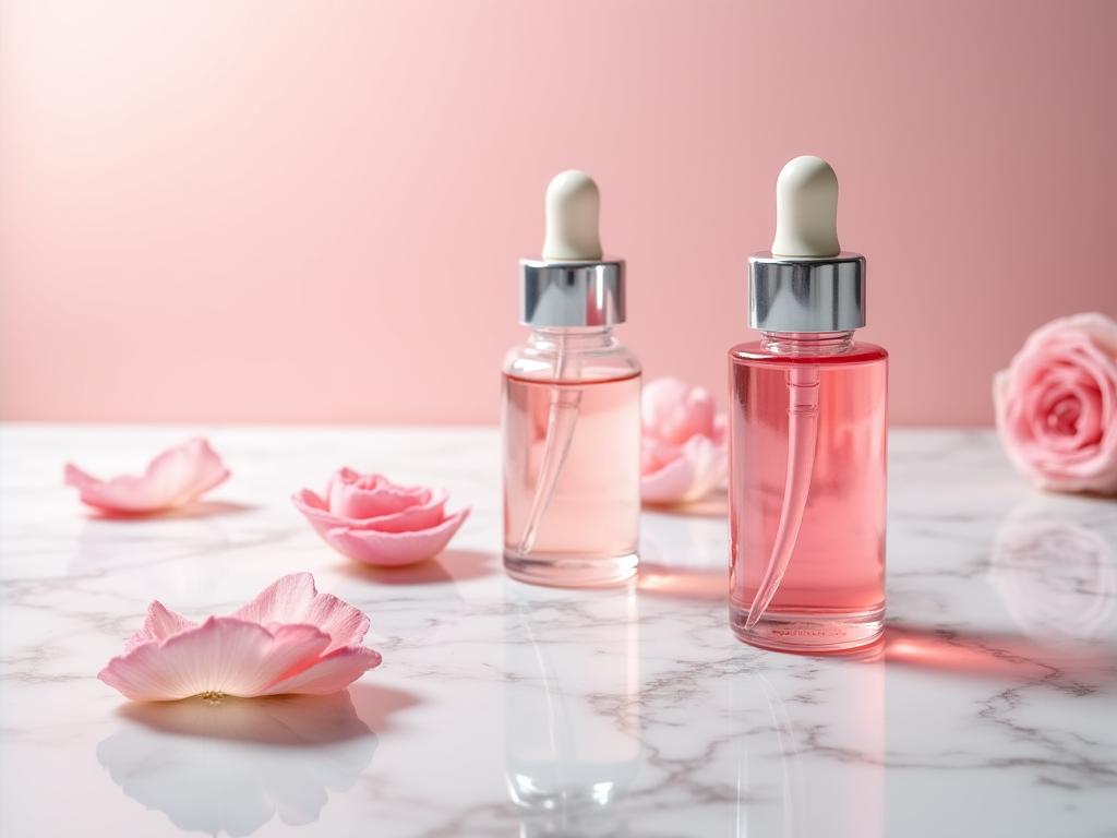 Frasco de sérum facial de rosas sobre una base de mármol con pétalos.